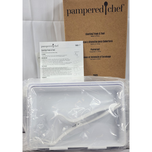 The Pampered Chef 3 White Coating Trays w/Thong Tool, New in Box - Picture 1 of 5